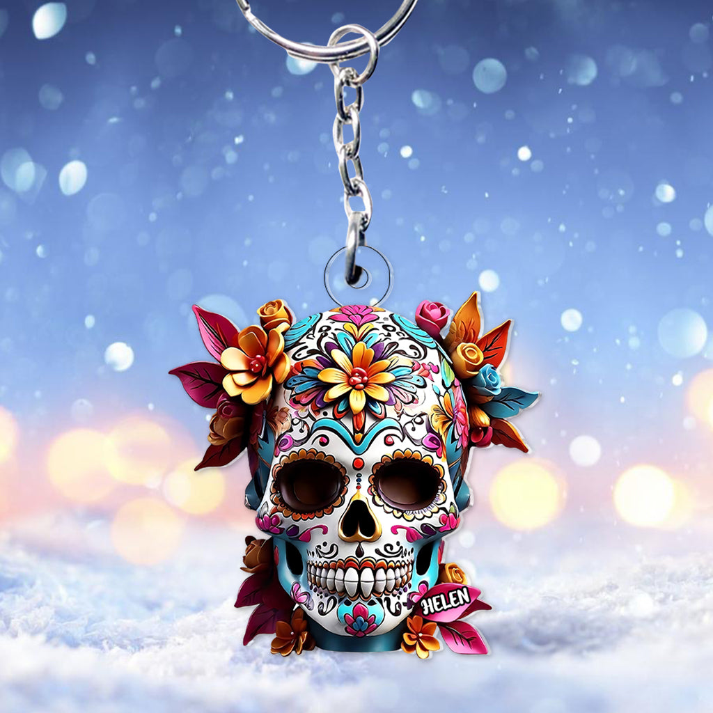 Floral Sugar Skull - Personalized Skull Custom Shaped Keychain