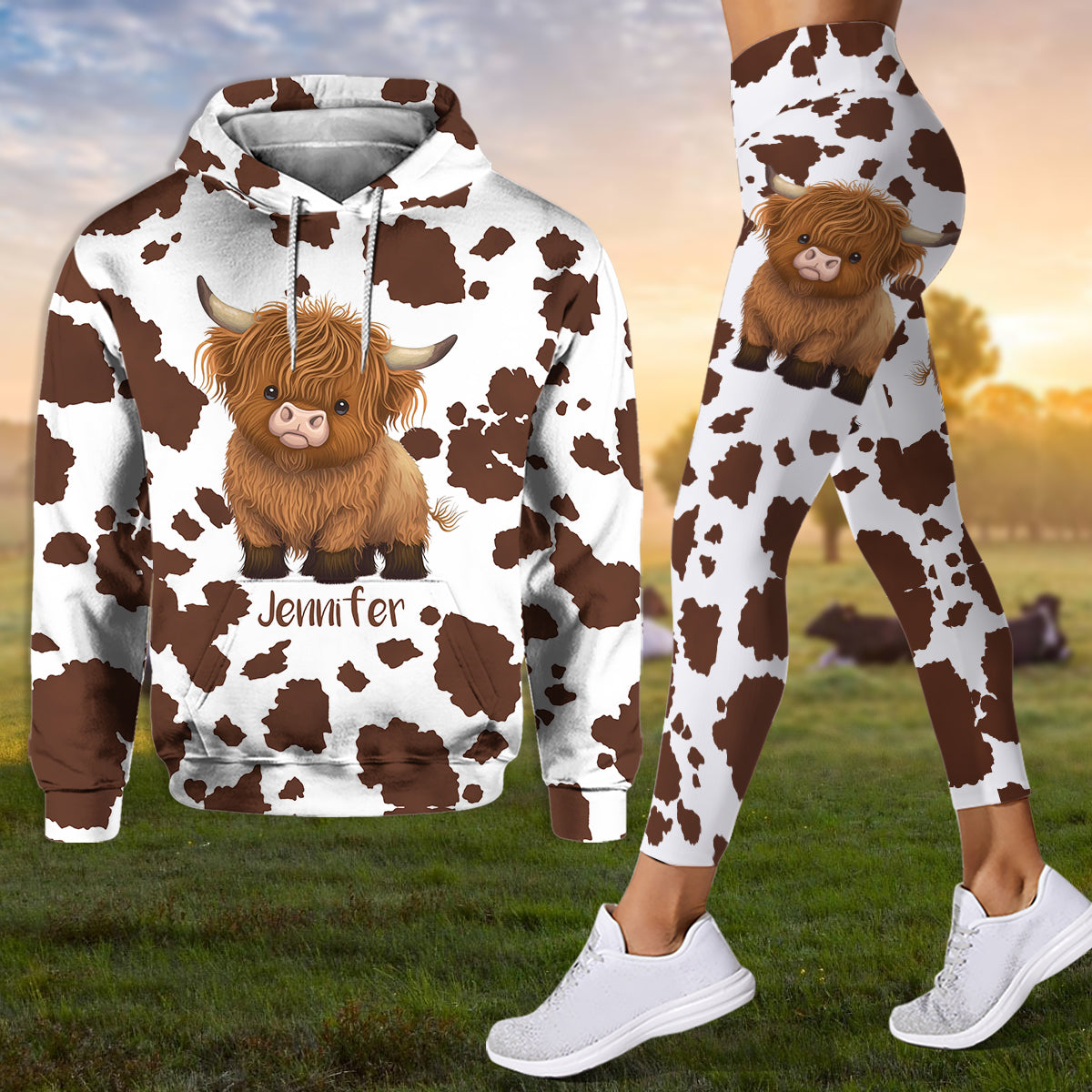 Einfach ein Mädchen, das Hochlandrinder liebt – Personalisierter Hoodie und Leggings mit Hochlandrind-Motiv