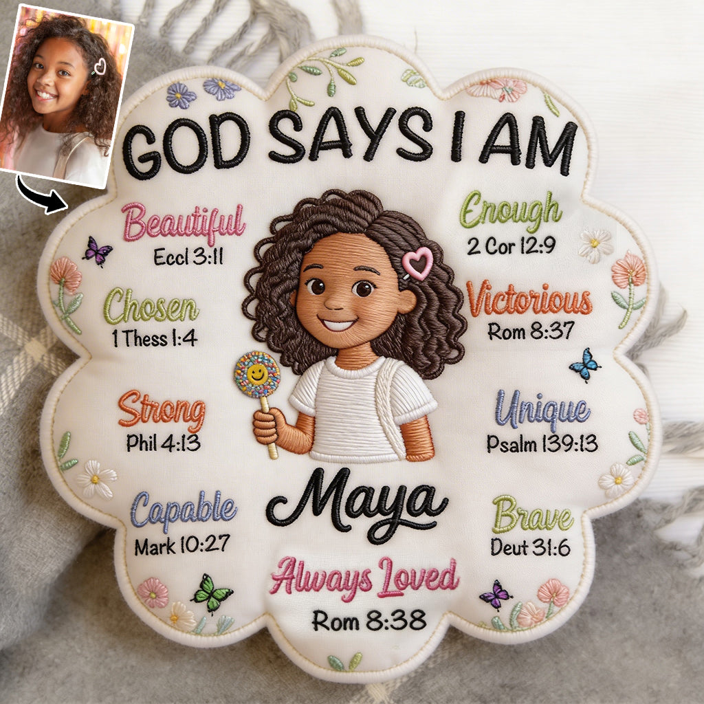 God Says I Am - Affirmation Gift - Personalized Young Girl Faux Fur Shaped Pillow