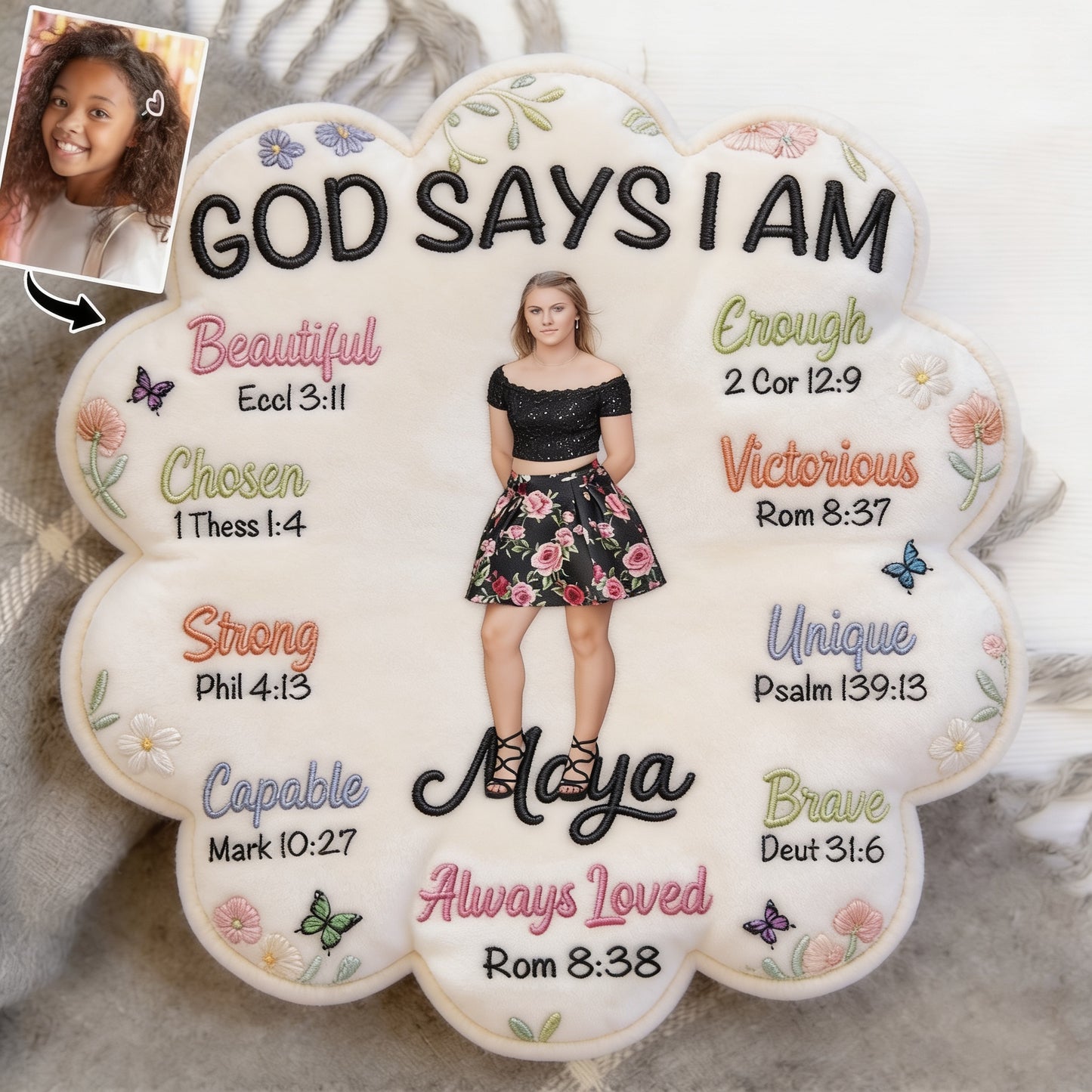 God Says I Am - Affirmation Gift - Personalized Young Girl Faux Fur Shaped Pillow