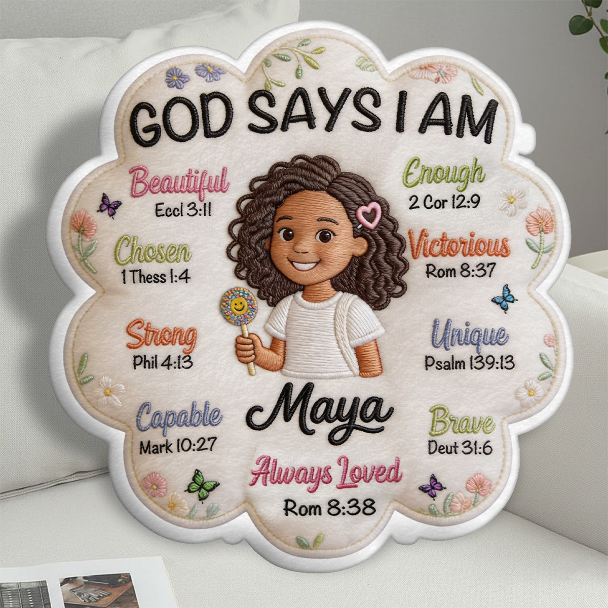 Gott sagt, ich bin - Affirmationsgeschenk - Personalisierter Kinder-Faux-Fur-Kissen