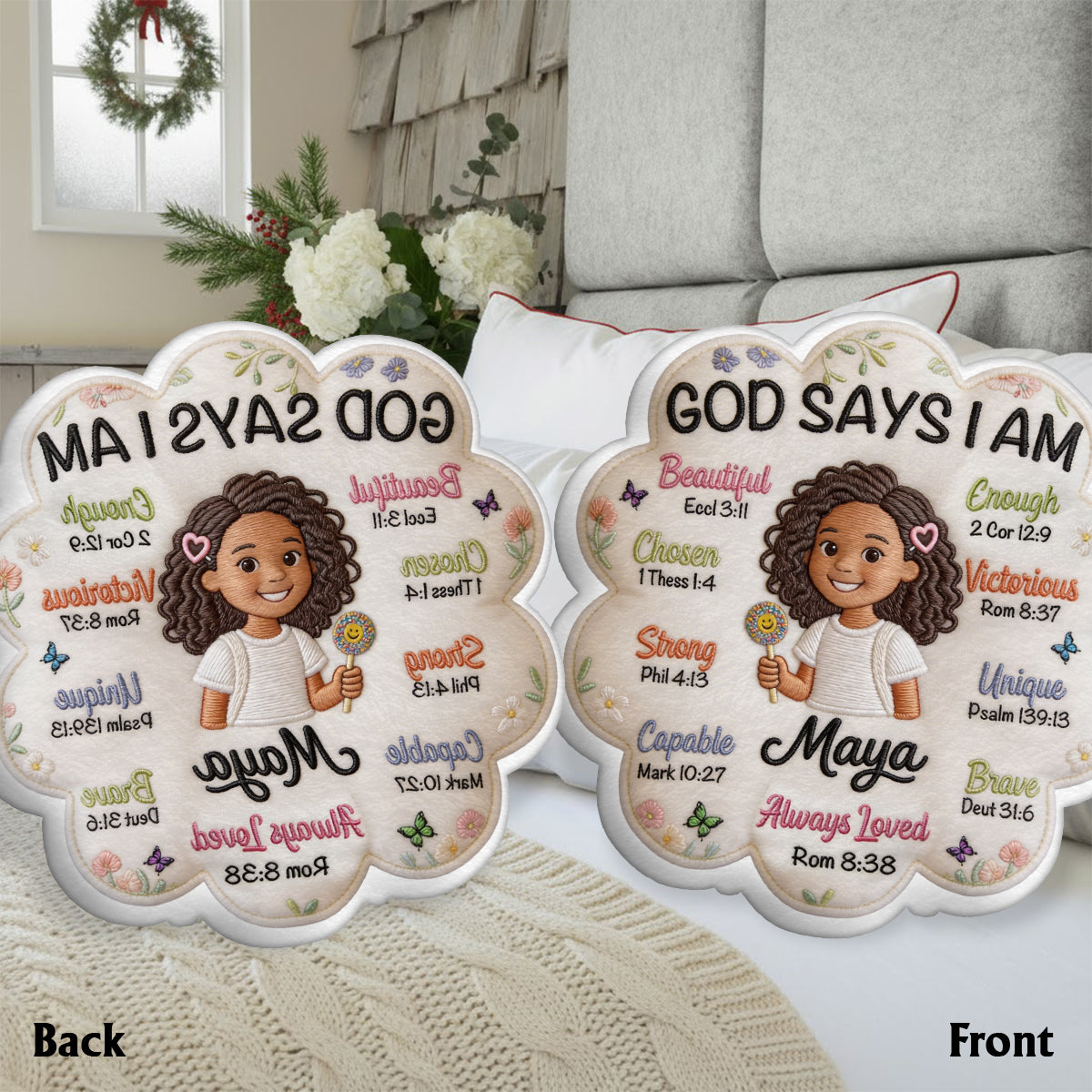 Gott sagt, ich bin - Affirmationsgeschenk - Personalisierter Kinder-Faux-Fur-Kissen