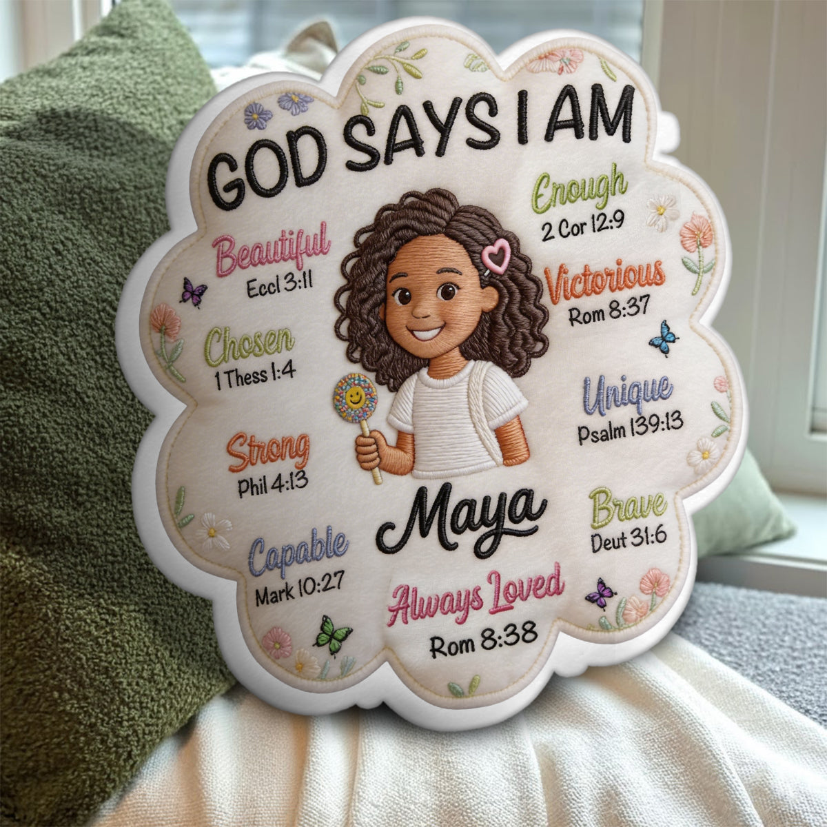 Gott sagt, ich bin - Affirmationsgeschenk - Personalisierter Kinder-Faux-Fur-Kissen