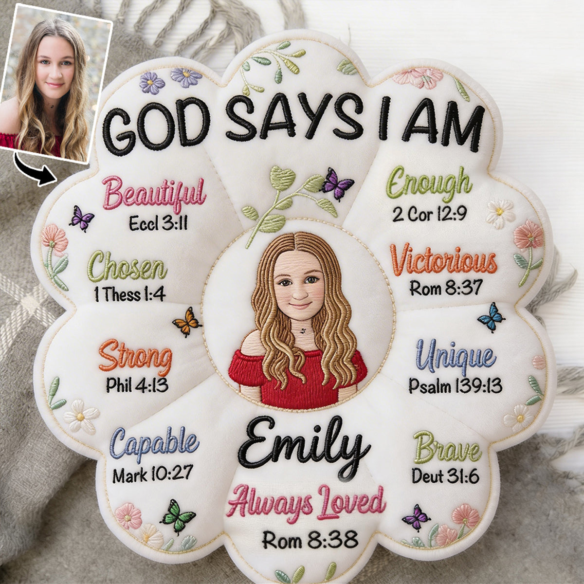 Gott sagt, ich bin - Affirmationsgeschenk - Personalisierter Kinder-Faux-Fur-Kissen
