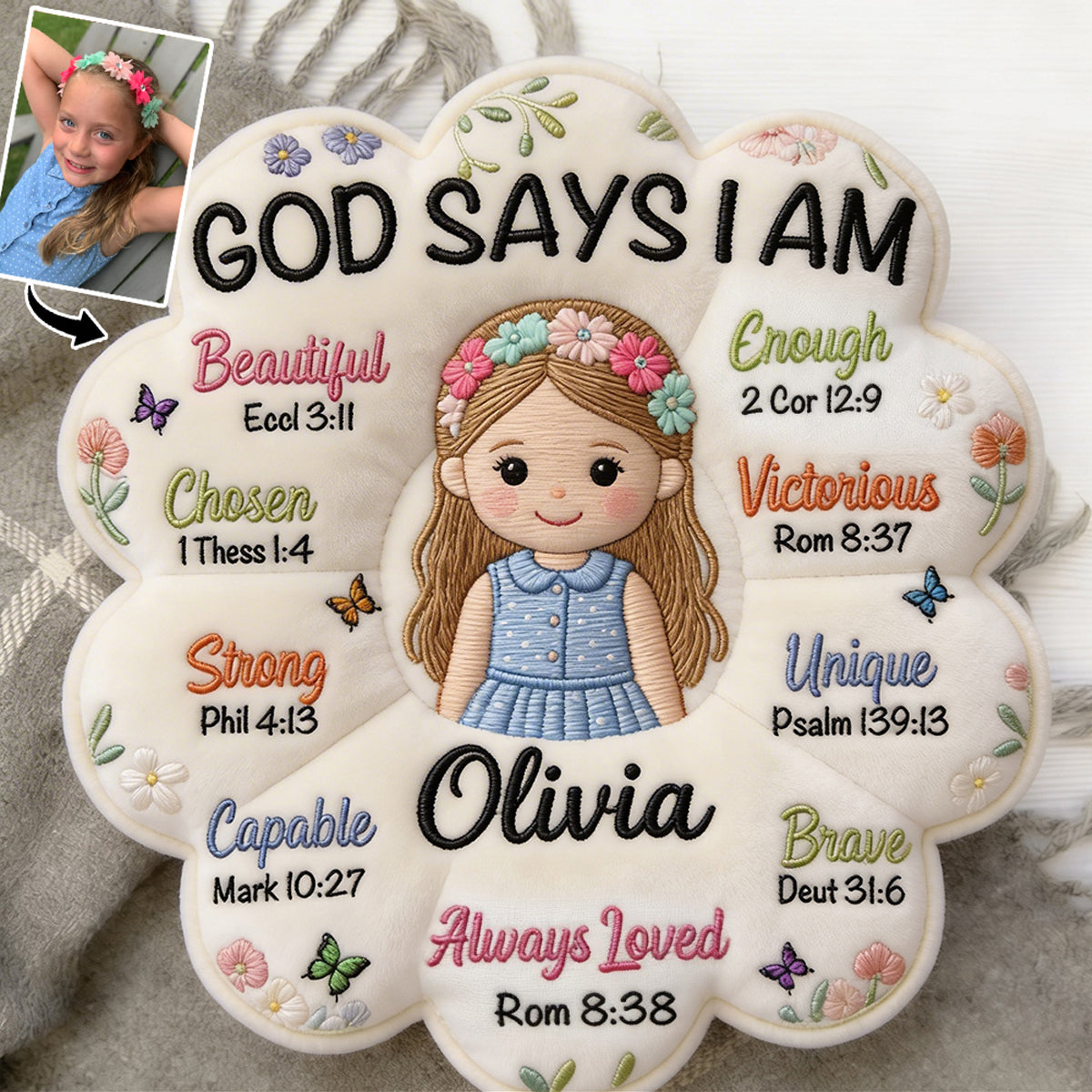 Gott sagt, ich bin - Affirmationsgeschenk - Personalisierter Kinder-Faux-Fur-Kissen