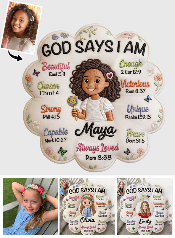 Gott sagt, ich bin - Affirmationsgeschenk - Personalisierter Kinder-Faux-Fur-Kissen