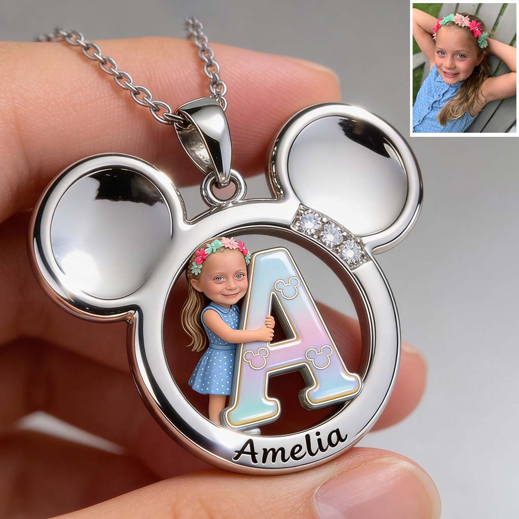 Big Ears Mickey Mouse Shape - Custom From Photo & Alphabet - Personalized Mickey Mouse Shaped Metal Pendant Necklace