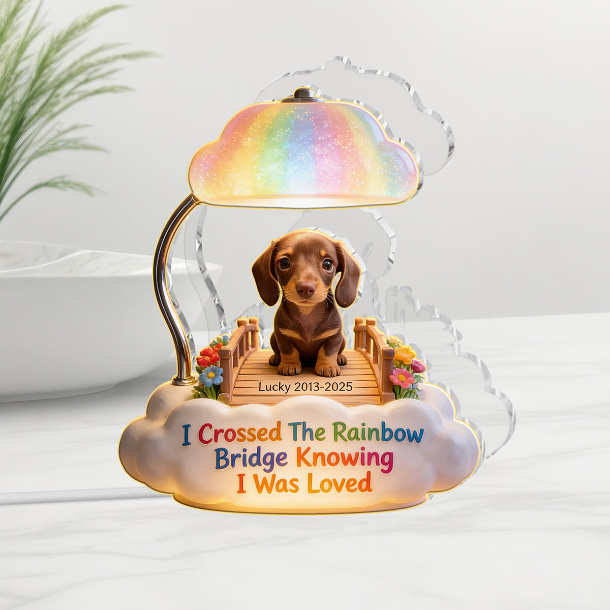 I Crossed The Rainbow Bridge - Personalized Brown Dachshund Puppy Acrylic LED Night Light