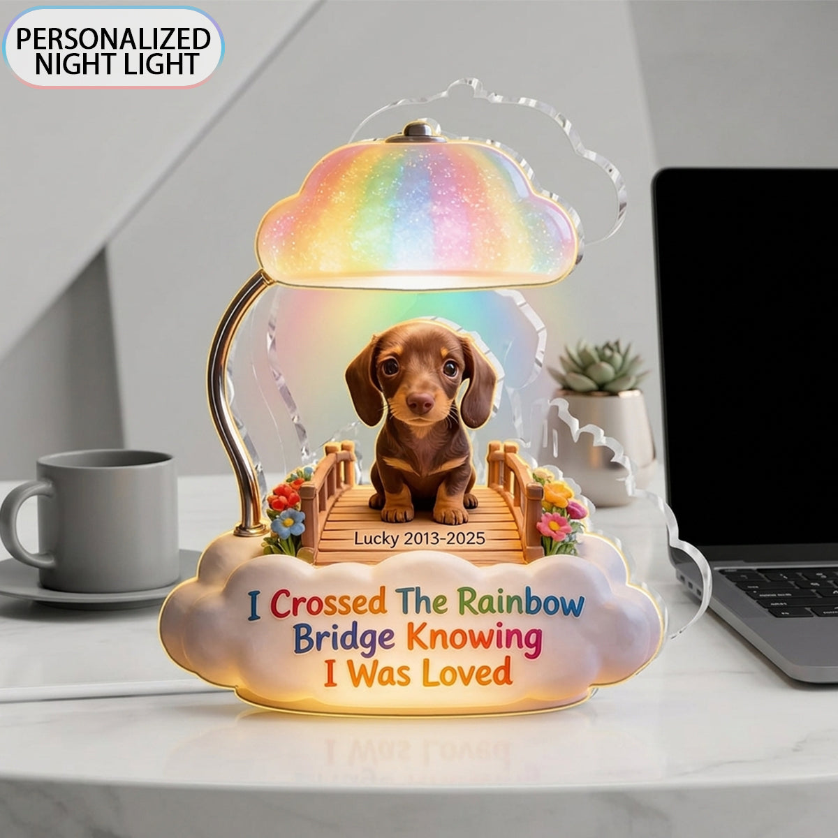 I Crossed The Rainbow Bridge - Personalized Brown Dachshund Puppy Acrylic LED Night Light