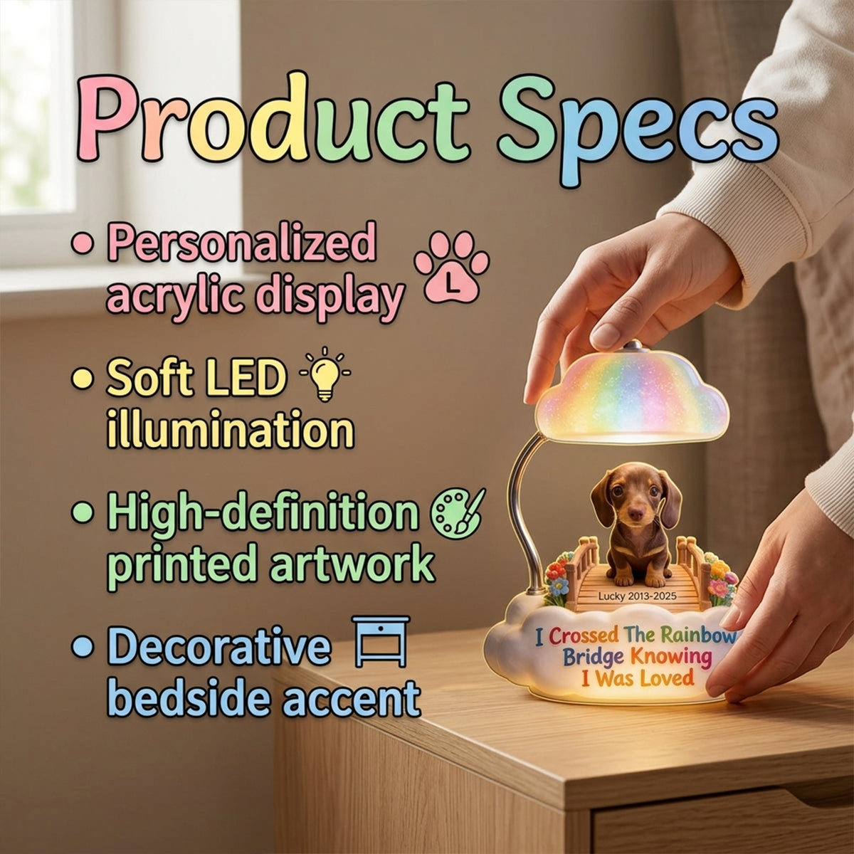 I Crossed The Rainbow Bridge - Personalized Brown Dachshund Puppy Acrylic LED Night Light