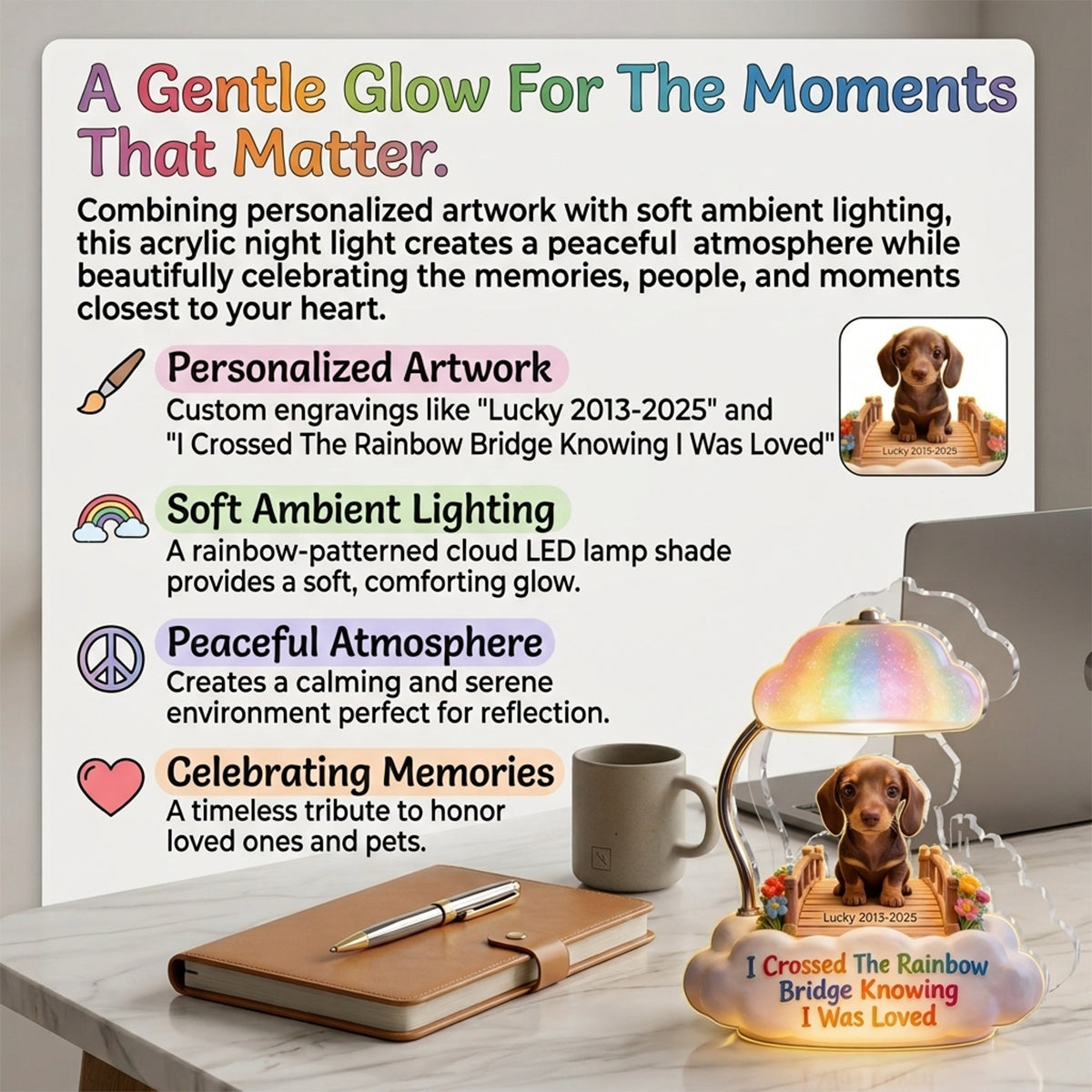 I Crossed The Rainbow Bridge - Personalized Brown Dachshund Puppy Acrylic LED Night Light