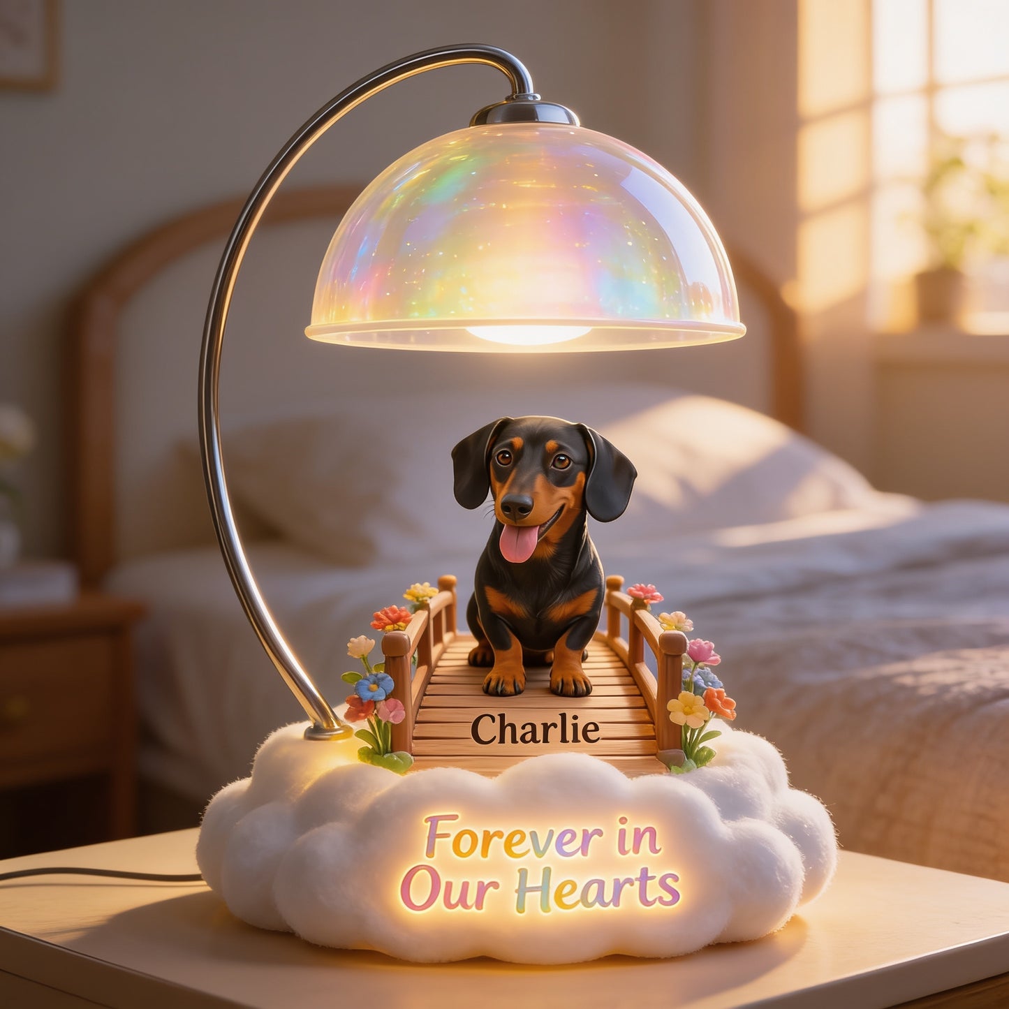 I Crossed The Rainbow Bridge - Personalized Black and Tan Dachshund Acrylic LED Night Light