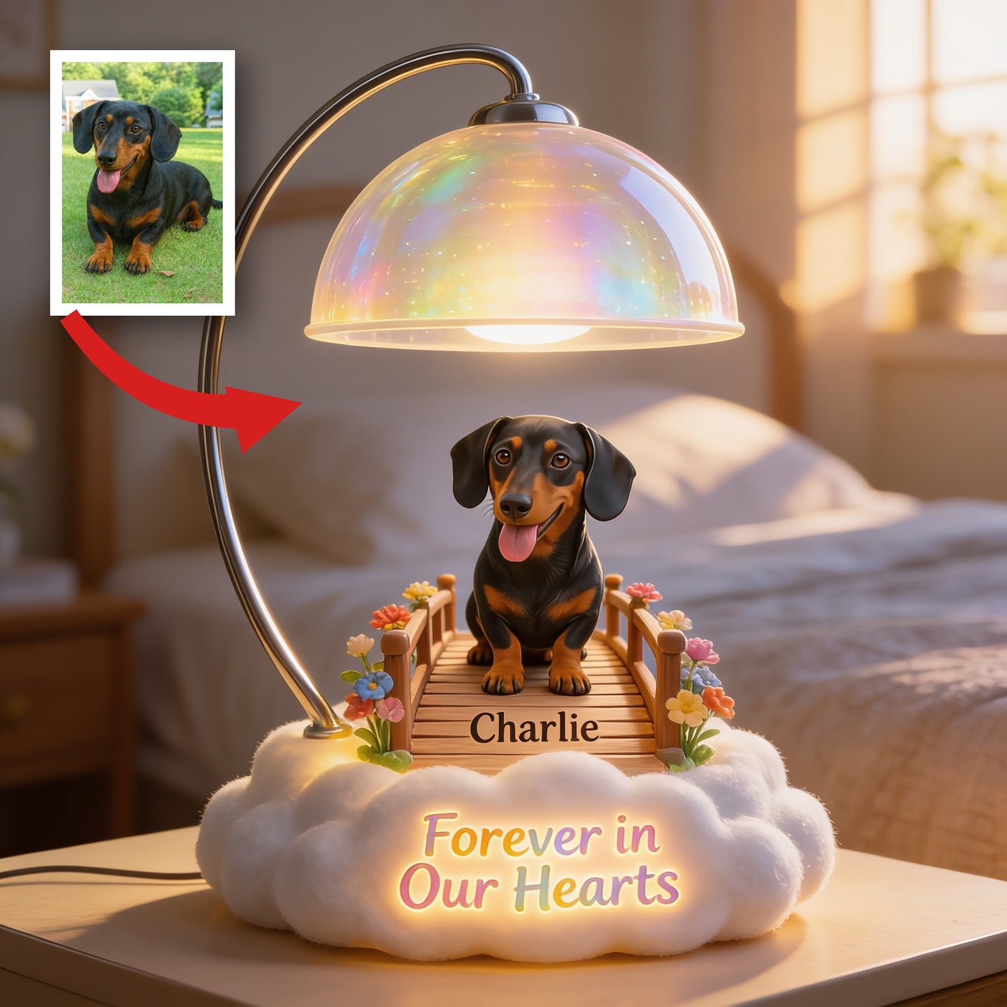 I Crossed The Rainbow Bridge - Personalized Black and Tan Dachshund Acrylic LED Night Light