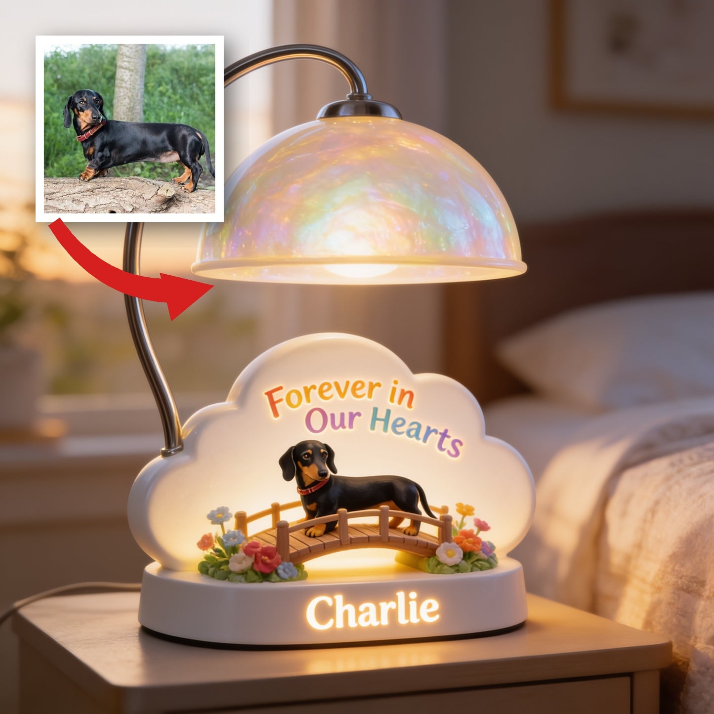 I Crossed The Rainbow Bridge - Personalized Black and Tan Dachshund Acrylic LED Night Light