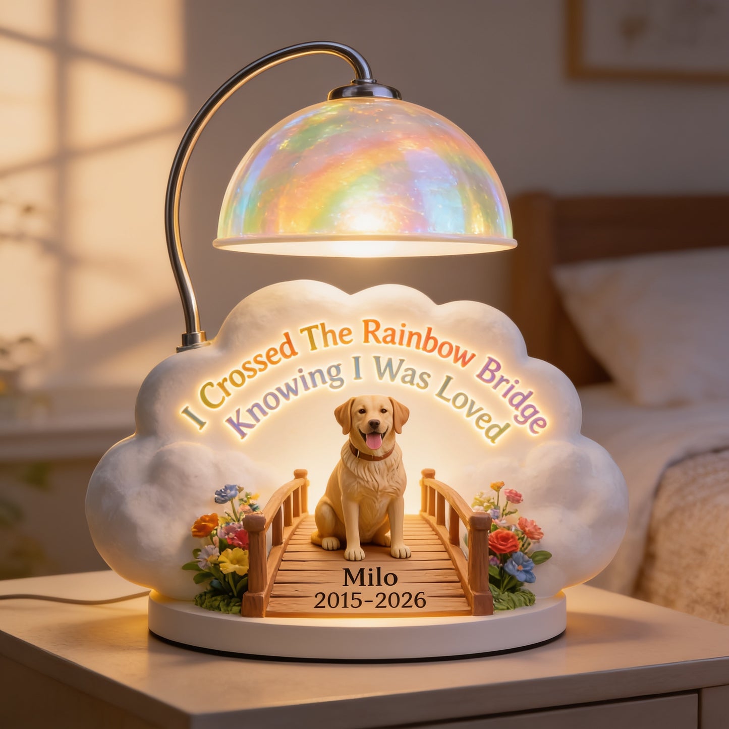 Ich habe die Regenbogenbrücke überquert - Personalisierte Gelbe Labrador Retriever Acryl LED Nachtlicht