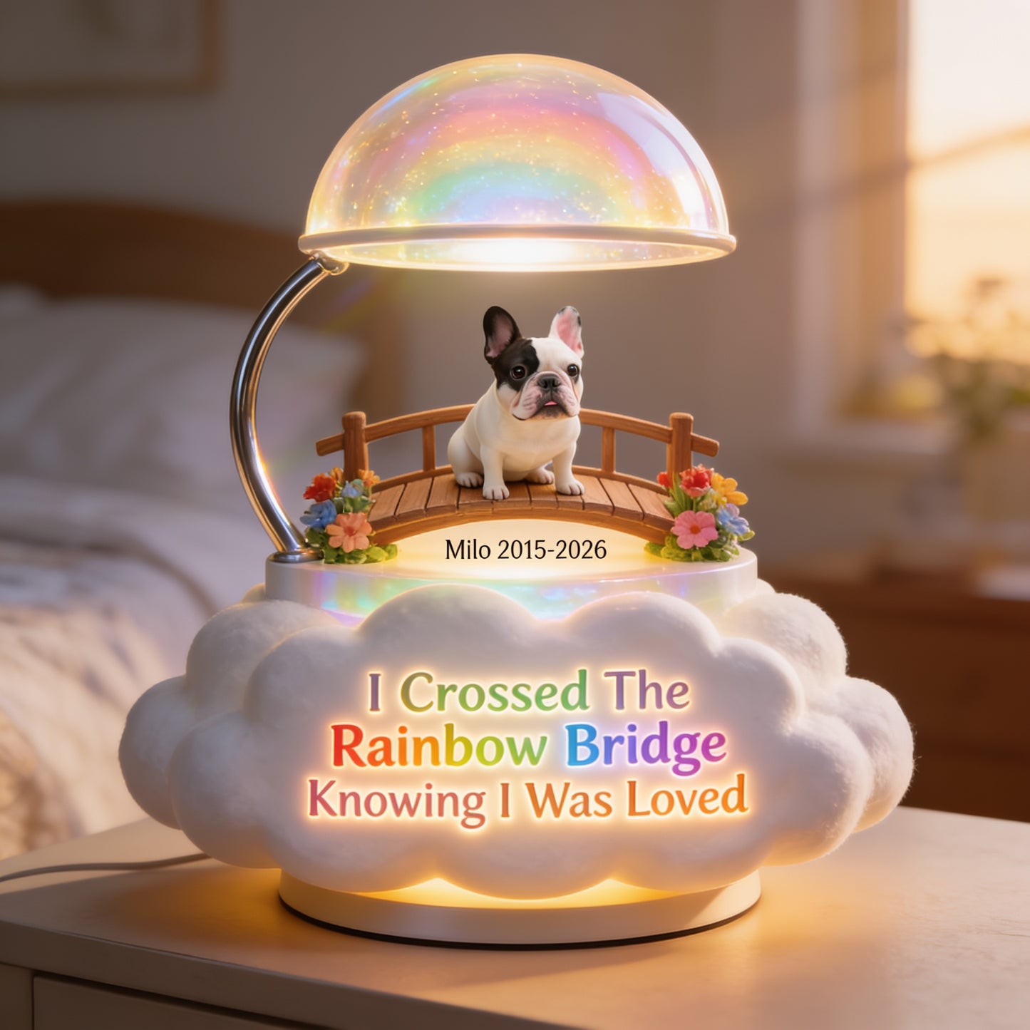 Ich habe die Regenbogenbrücke überquert - Personalisierte Französische Bulldogge Acryl LED Nachtlicht