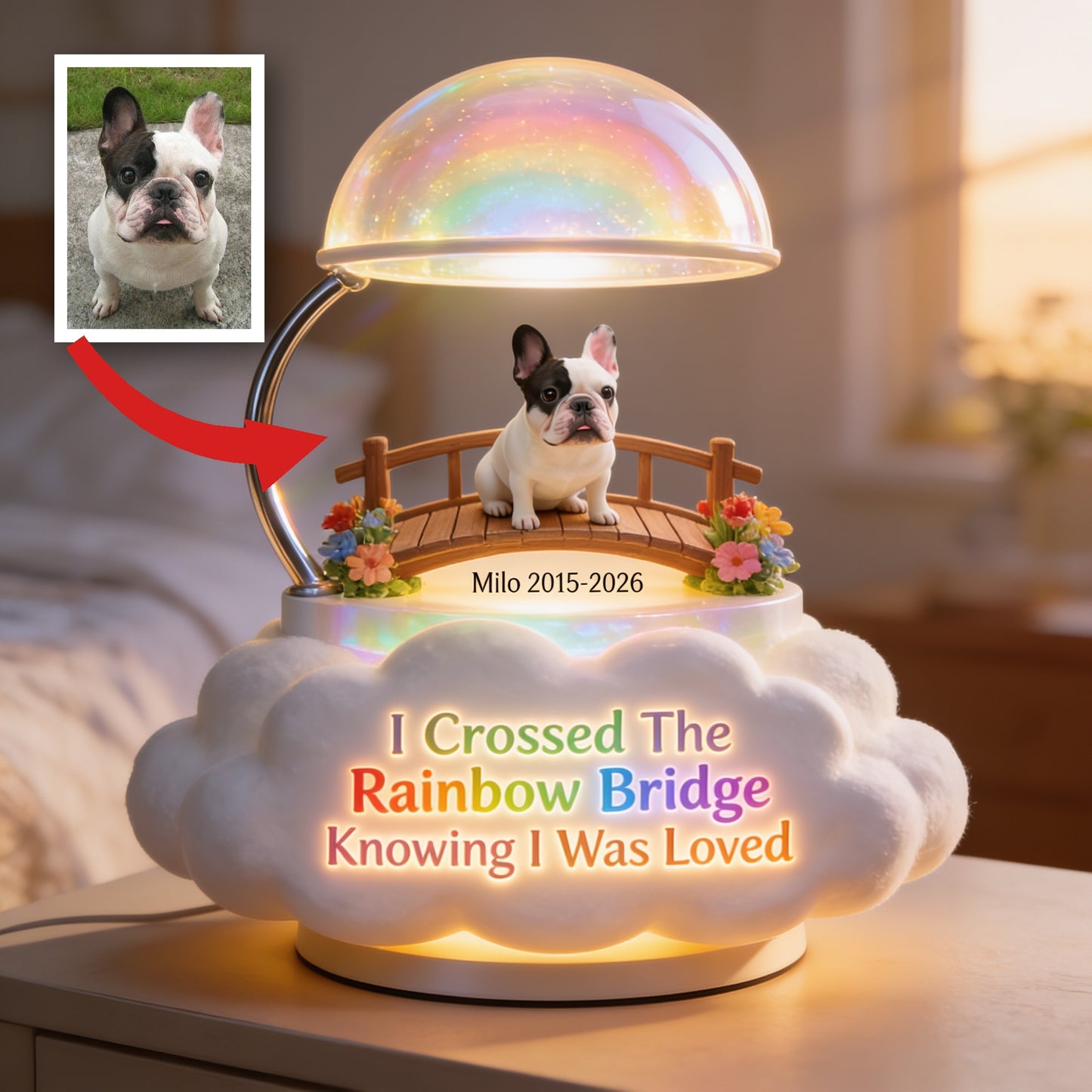 Ich habe die Regenbogenbrücke überquert - Personalisierte Französische Bulldogge Acryl LED Nachtlicht