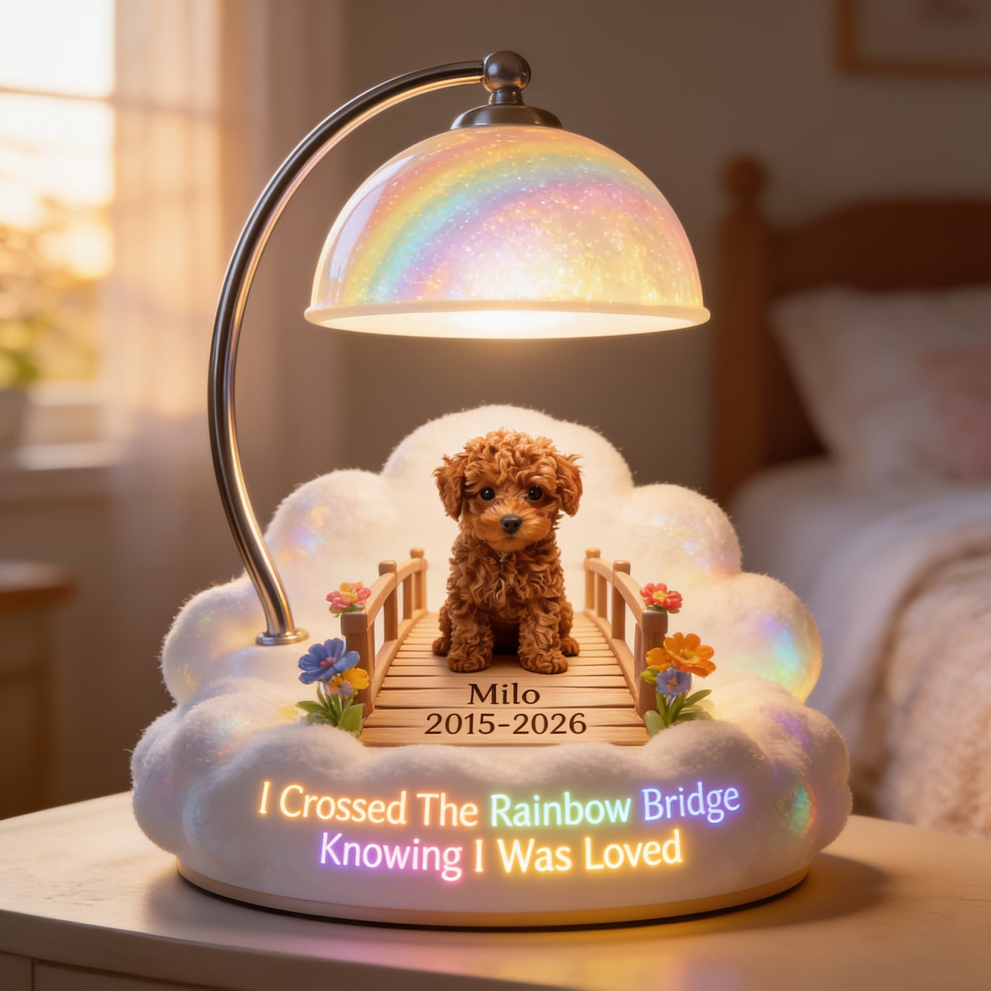 Ich habe die Regenbogenbrücke überquert - Personalisierte braune Toy Pudel Acryl LED Nachtlicht