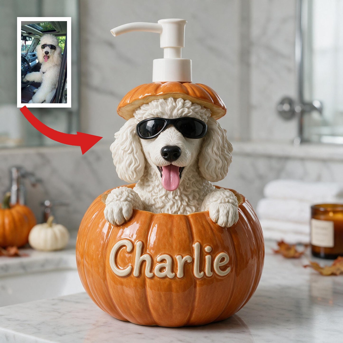 Personalized White Standard Poodle Pumpkin Soap Pump Dispenser, Cute Fall Halloween Dog Lover Home Decor Gift