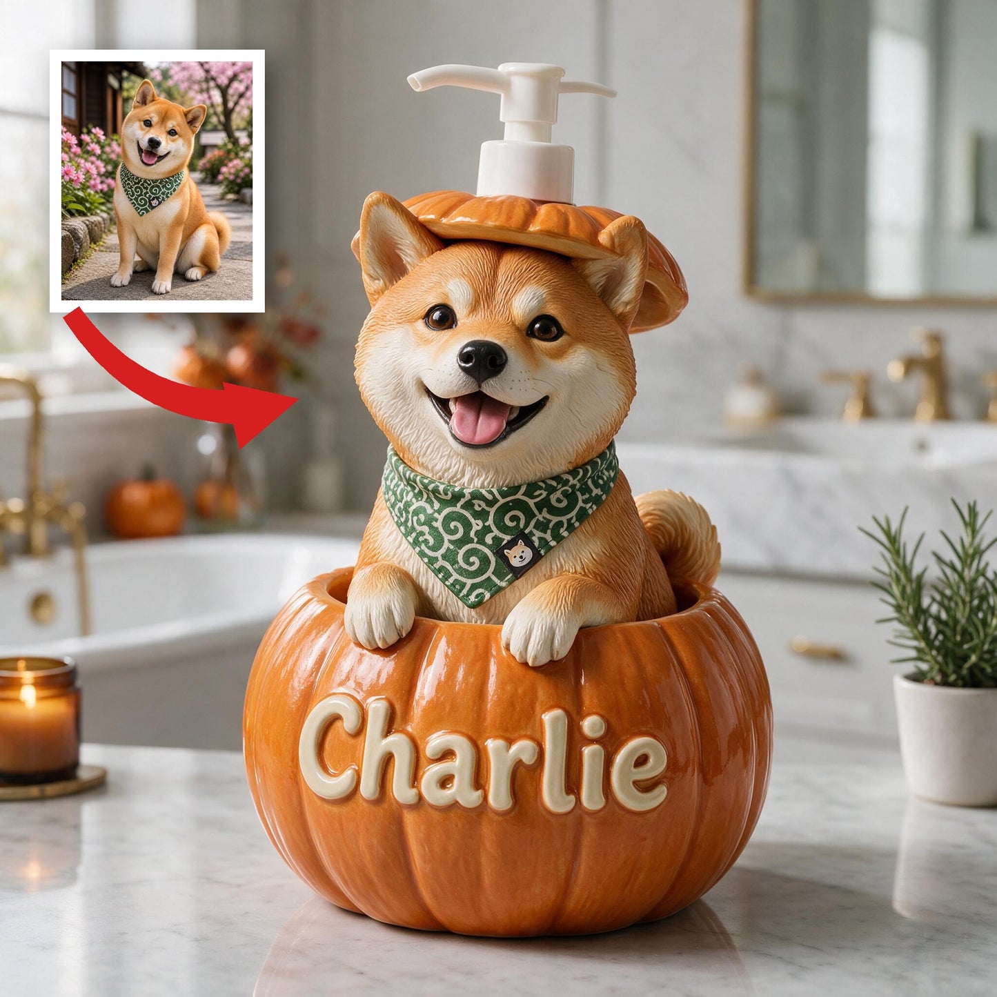 Personalized Peekaboo Shiba Inu Pumpkin Soap Dispenser Cute Fall Home Decor Dog Lover Gift