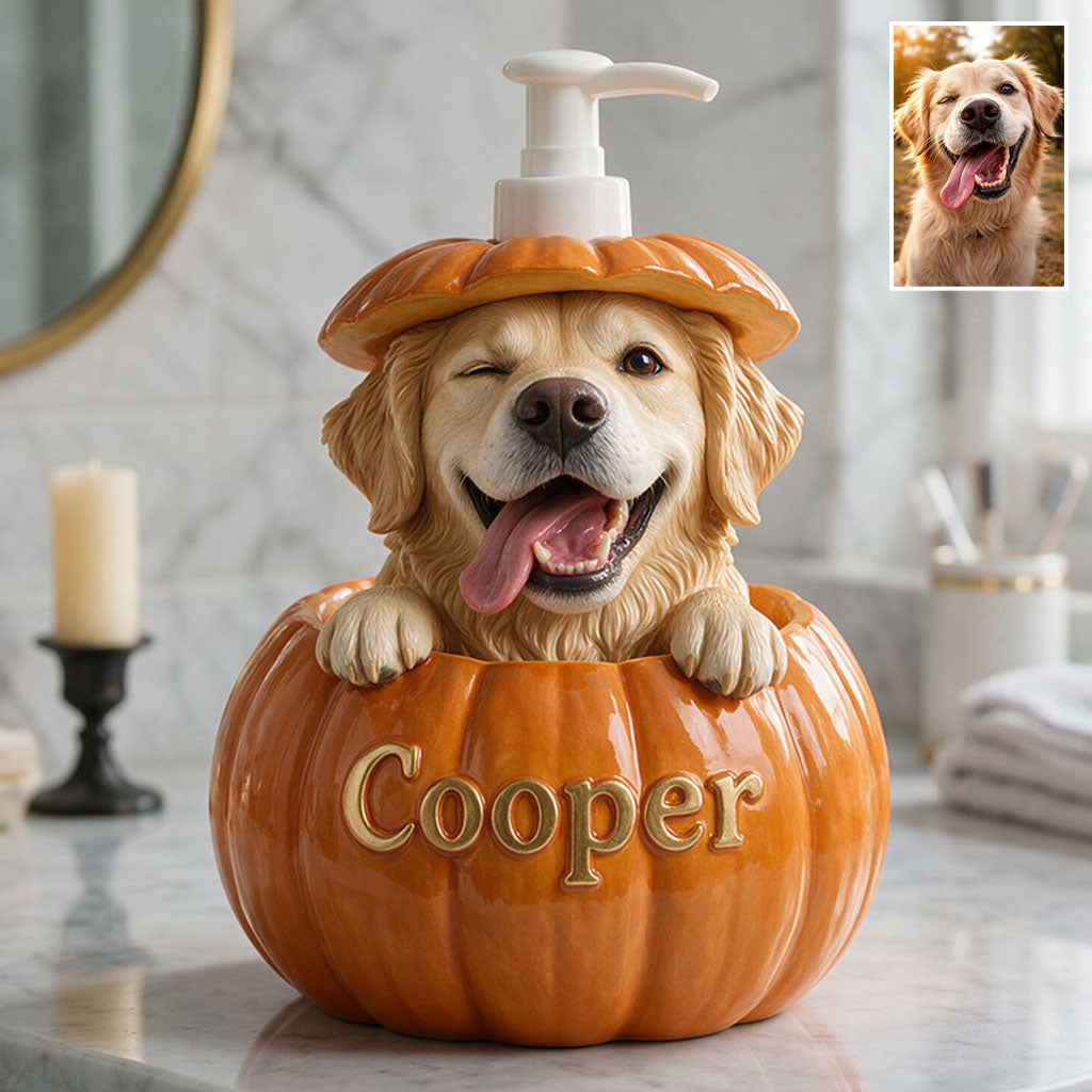 Personalized White Standard Poodle Pumpkin Soap Pump Dispenser, Cute Fall Halloween Dog Lover Home Decor Gift