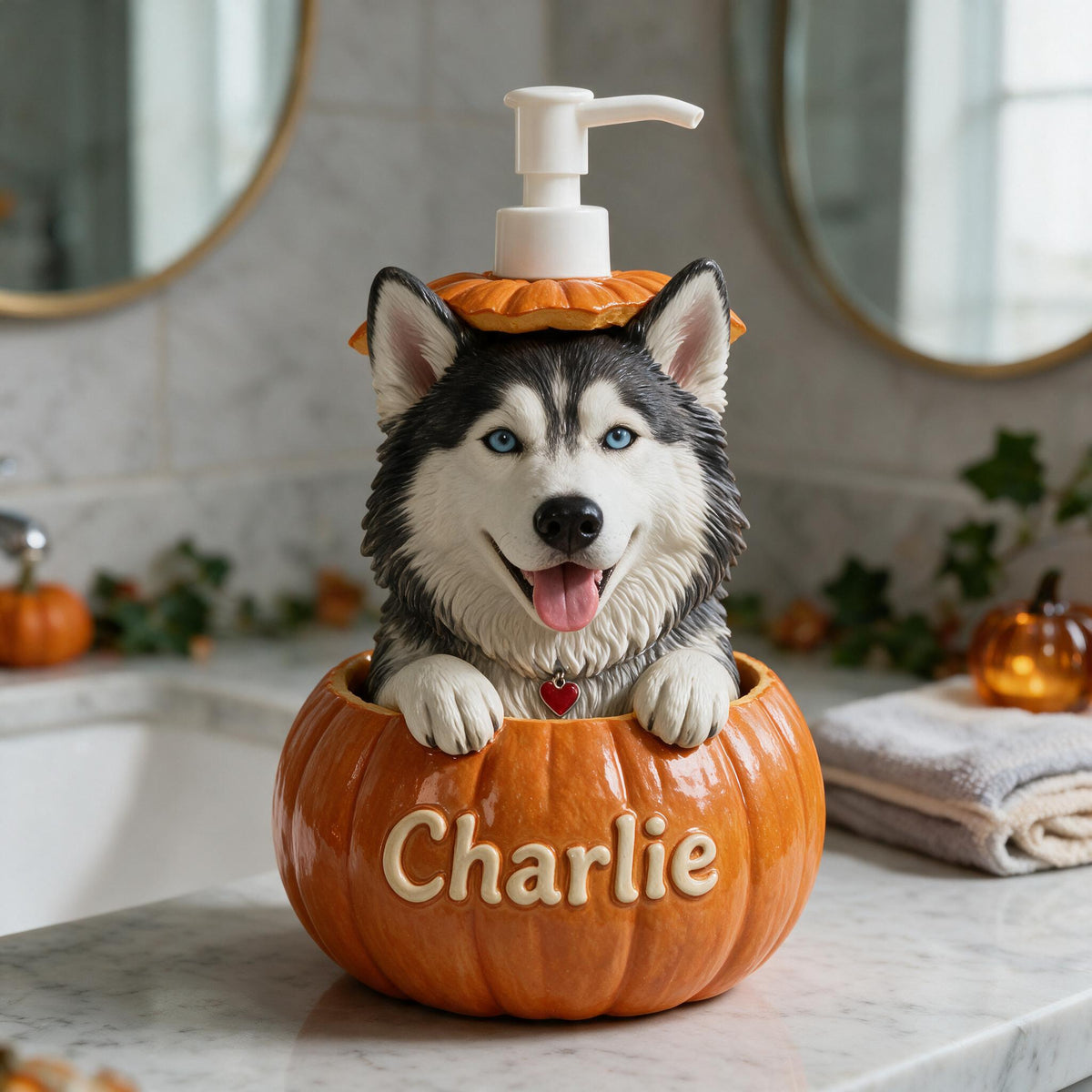Personalisierter Seifenspender mit blauen Augen Siberian Husky für Halloween