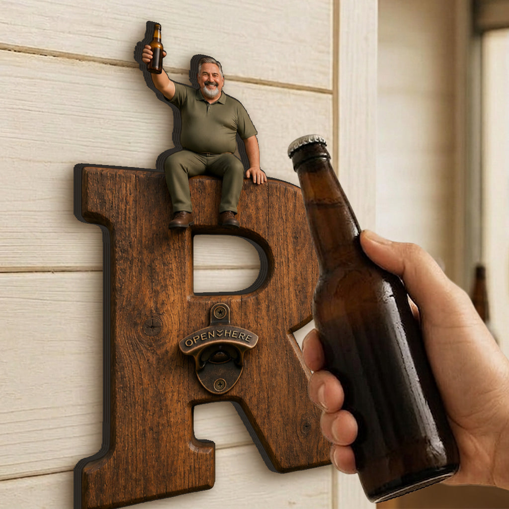 Personalized Letter Wall Bottle Opener | Funny Bearded Beer Lover Man Design, Rustic Home Bar Gift for Dad Beer Enthusiasts