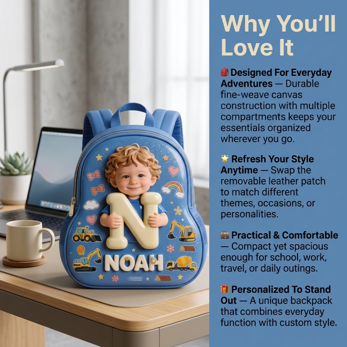 Personalized 3D Smiling Curly Haired Toddler Baby Boy Backpack Custom Name Patch Kids School Bag Gift
