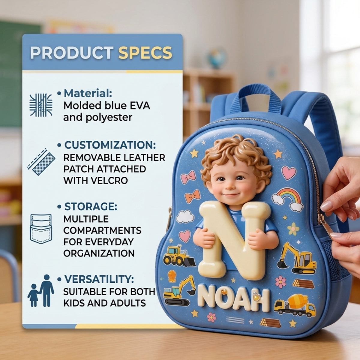 Personalized Curly Haired Latin Baby Boy Backpack Custom 3D Name Initial Toddler School Bag Cute Back to School Gift for Little Boys