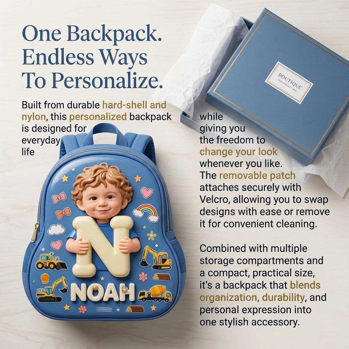 Personalized Curly Haired Latin Baby Boy Backpack Custom 3D Name Initial Toddler School Bag Cute Back to School Gift for Little Boys