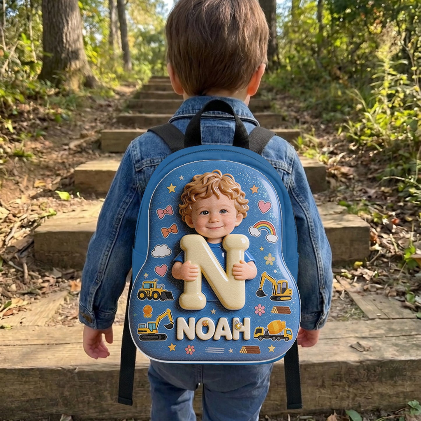 Personalized 3D Smiling Curly Haired Toddler Baby Boy Backpack Custom Name Patch Kids School Bag Gift