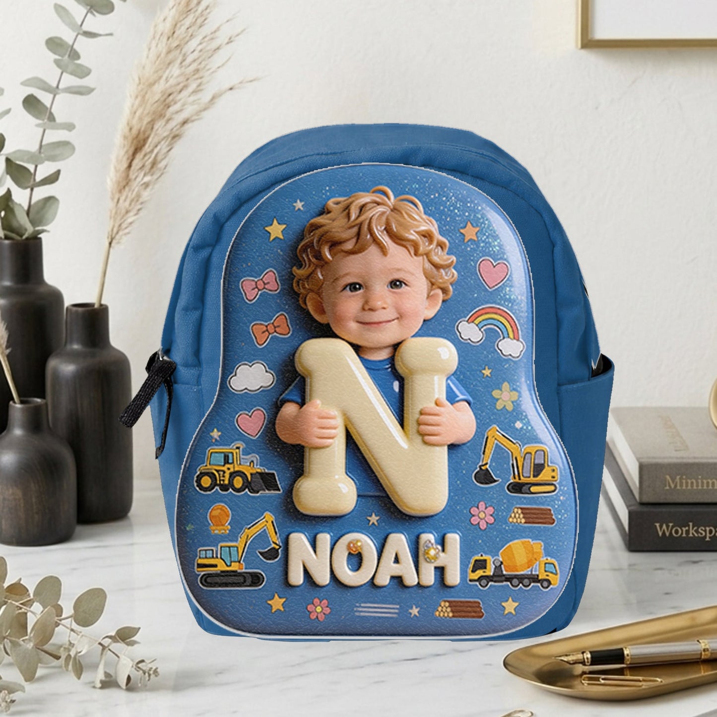 Personalized 3D Curly Hair Black Baby Boy Custom Name Backpack, Cute Toddler Preschool Gift for Little Boys