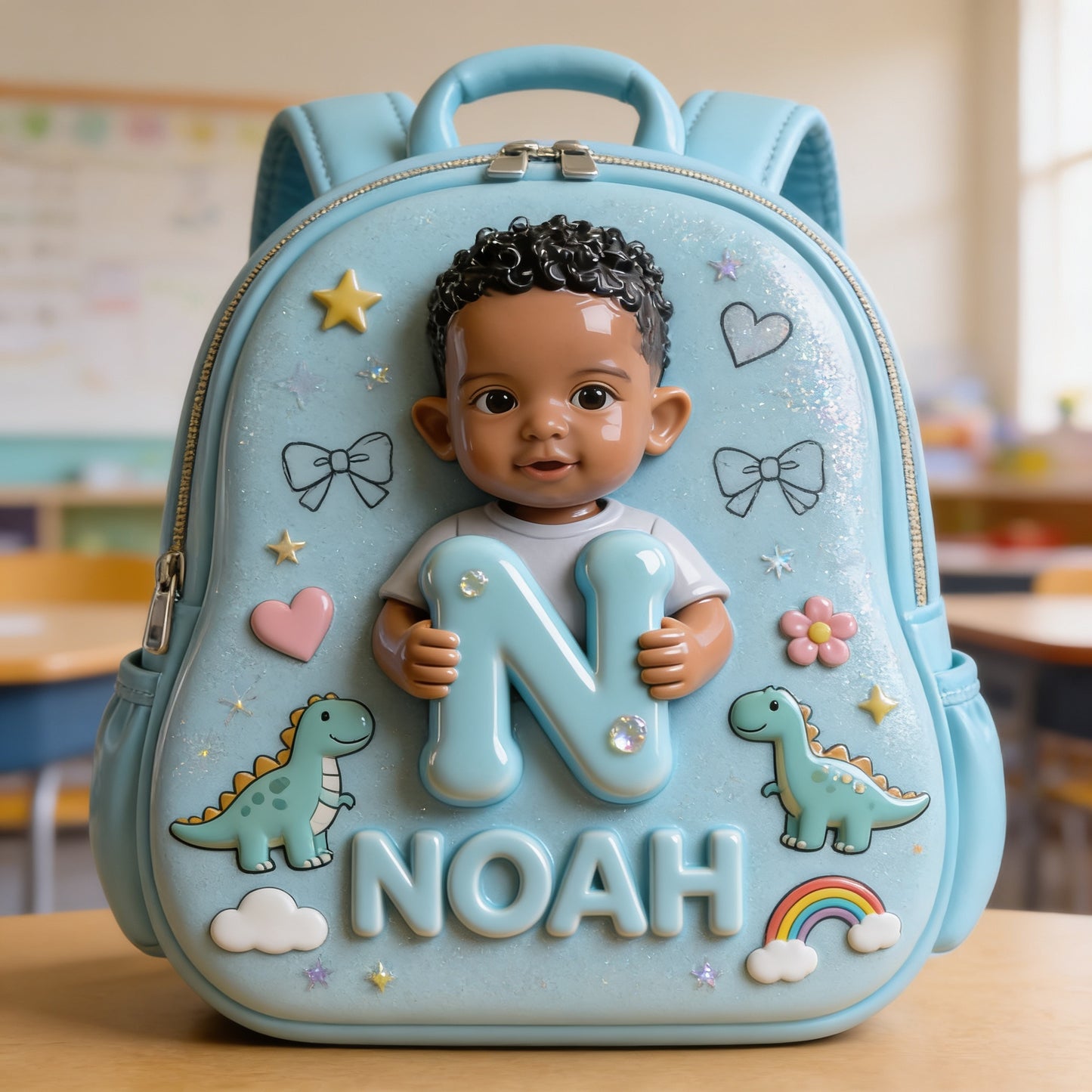 Personalized 3D Curly Hair Black Baby Boy Custom Name Backpack, Cute Toddler Preschool Gift for Little Boys