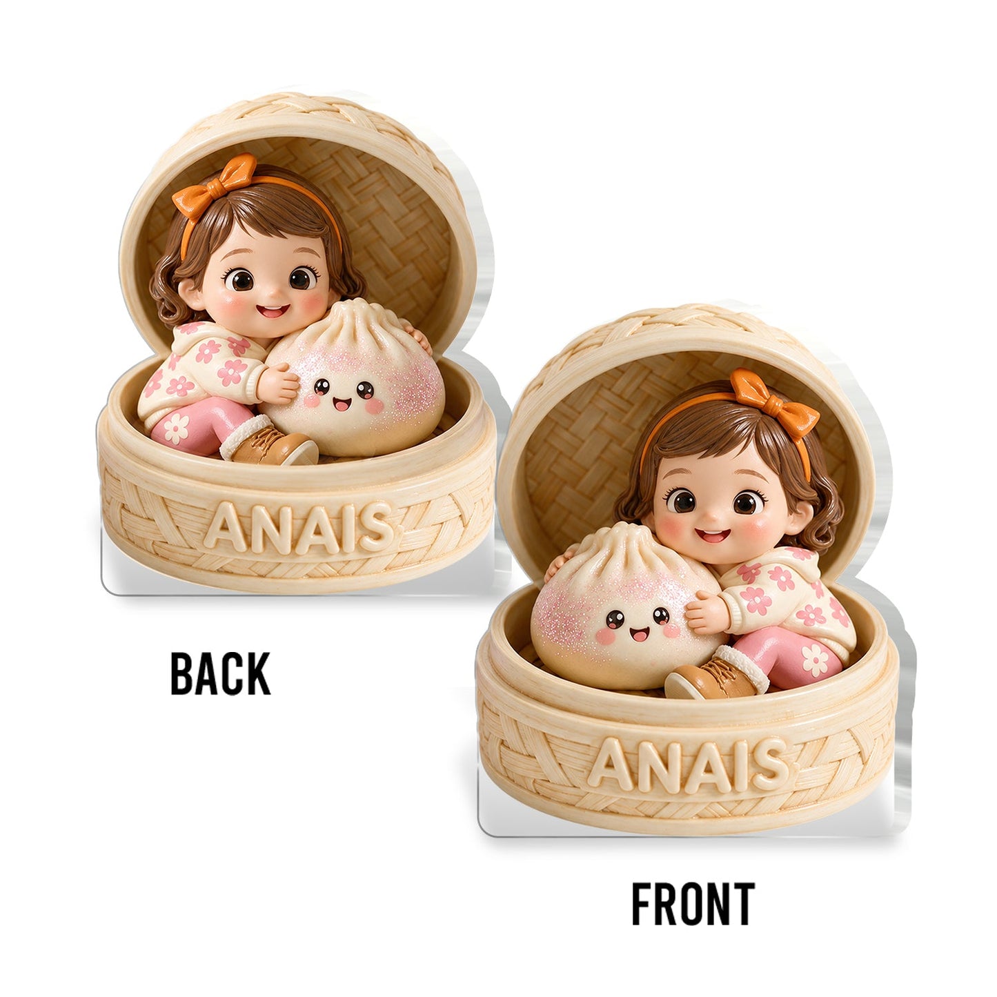 Cute Chibi Kid Girl Hugging Kawaii Dumpling Personalized Double-Sided Acrylic Plaque Custom Kids Keepsake Gift