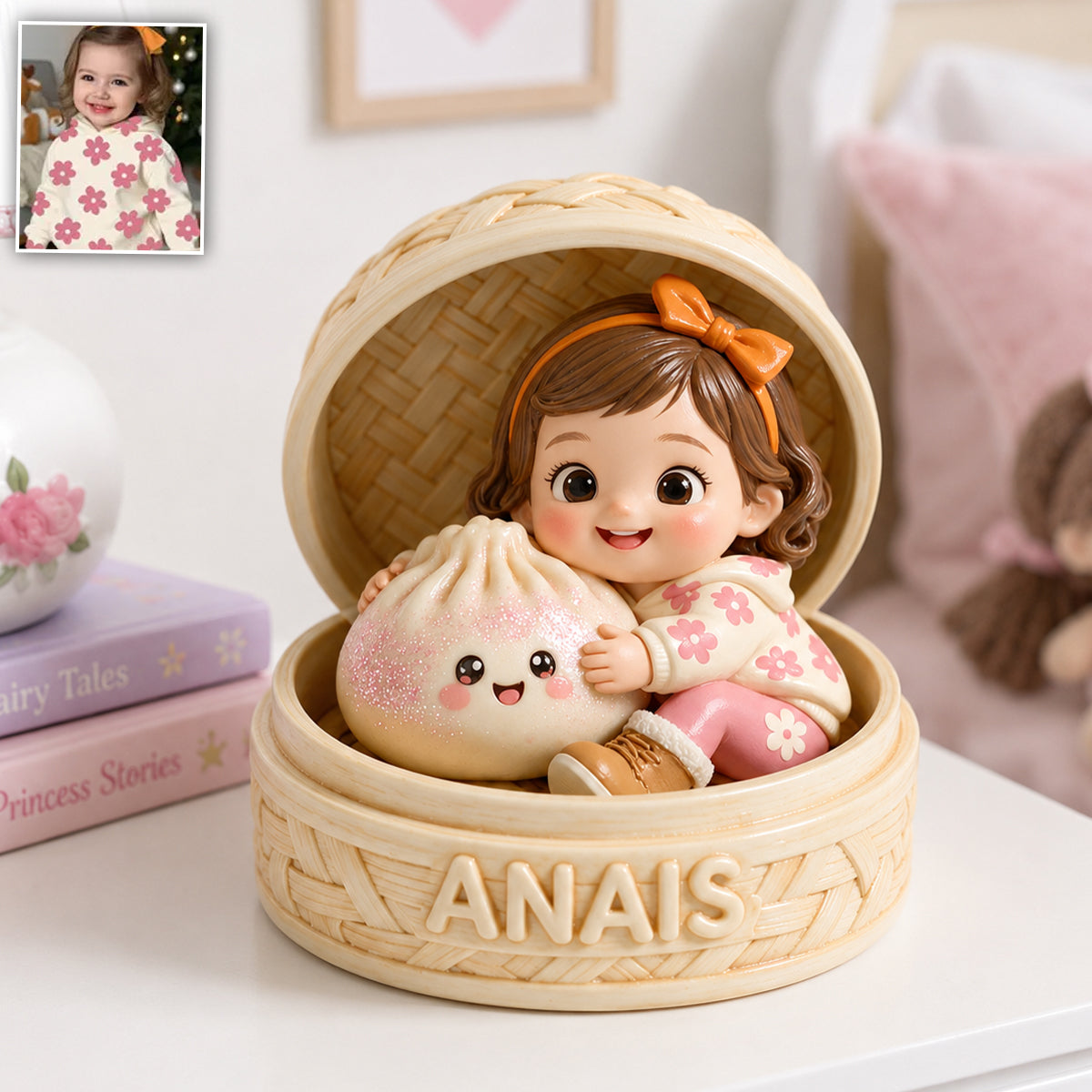 Cute Chibi Black Baby Girl Holding Kawaii Dumpling Personalized 2-Side Printed Acrylic Plaque Kids Gift Keepsake