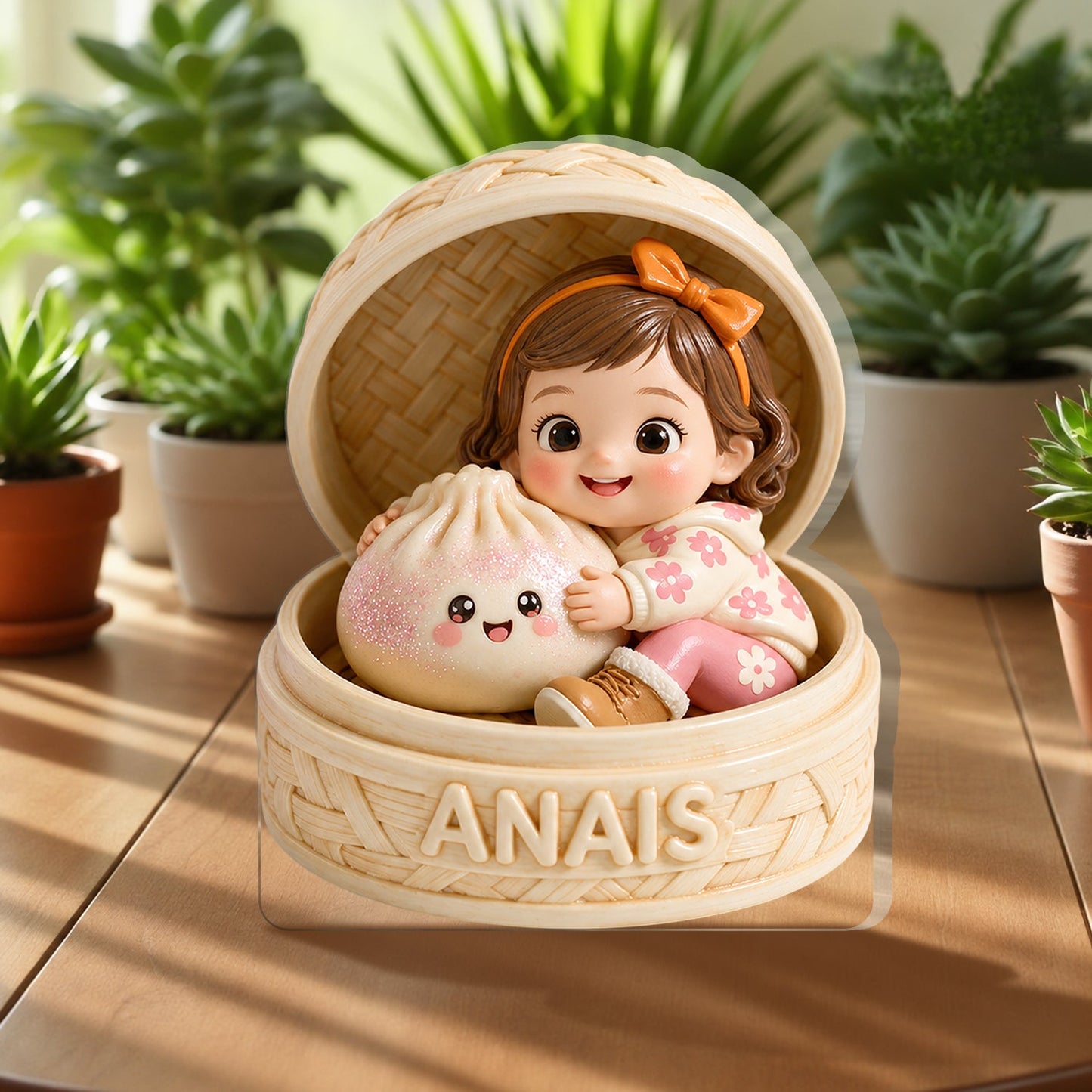 Adorable Curly Hair Latin Baby Holding Cute Pink Dumpling In Steamer Personalized 2-Side Printed Acrylic Plaque Kids Gift Keepsake