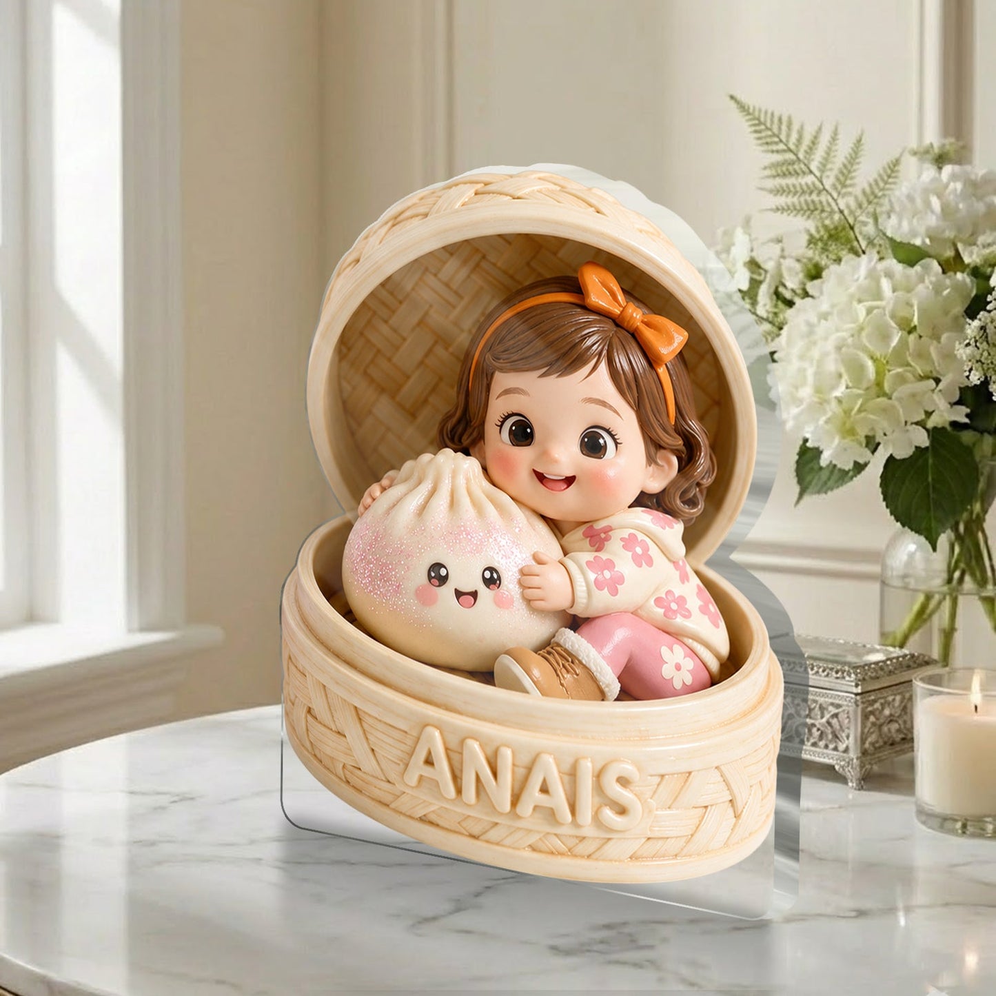 Adorable Curly Red Haired Baby with Cute Pink Dumpling Personalized Kids Double-Sided Acrylic Plaque Gift