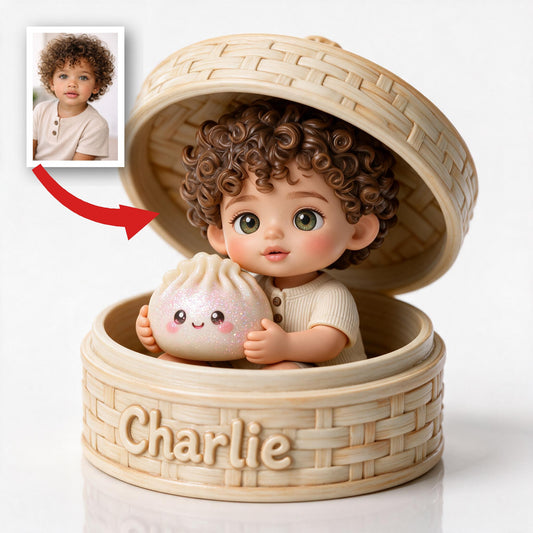 Niedliches Baby mit lockigen Haaren und Kawaii-Dumpling - Personalisierte 2-seitige Acrylplakette