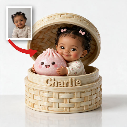 Niedliche Lockenhaar-Latin-Baby mit süßem rosa Dampfnudeln in Dampfer, personalisierte 2-seitige Acrylplakette, Kinder Geschenk Andenken