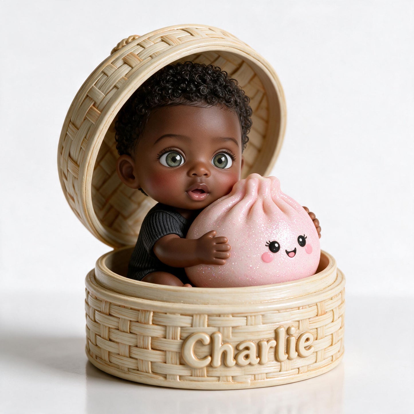 Adorable Curly Haired Black Baby with Kawaii Pink Dumpling Personalized 2-Side Printed Acrylic Plaque, Custom Kid Keepsake Gift