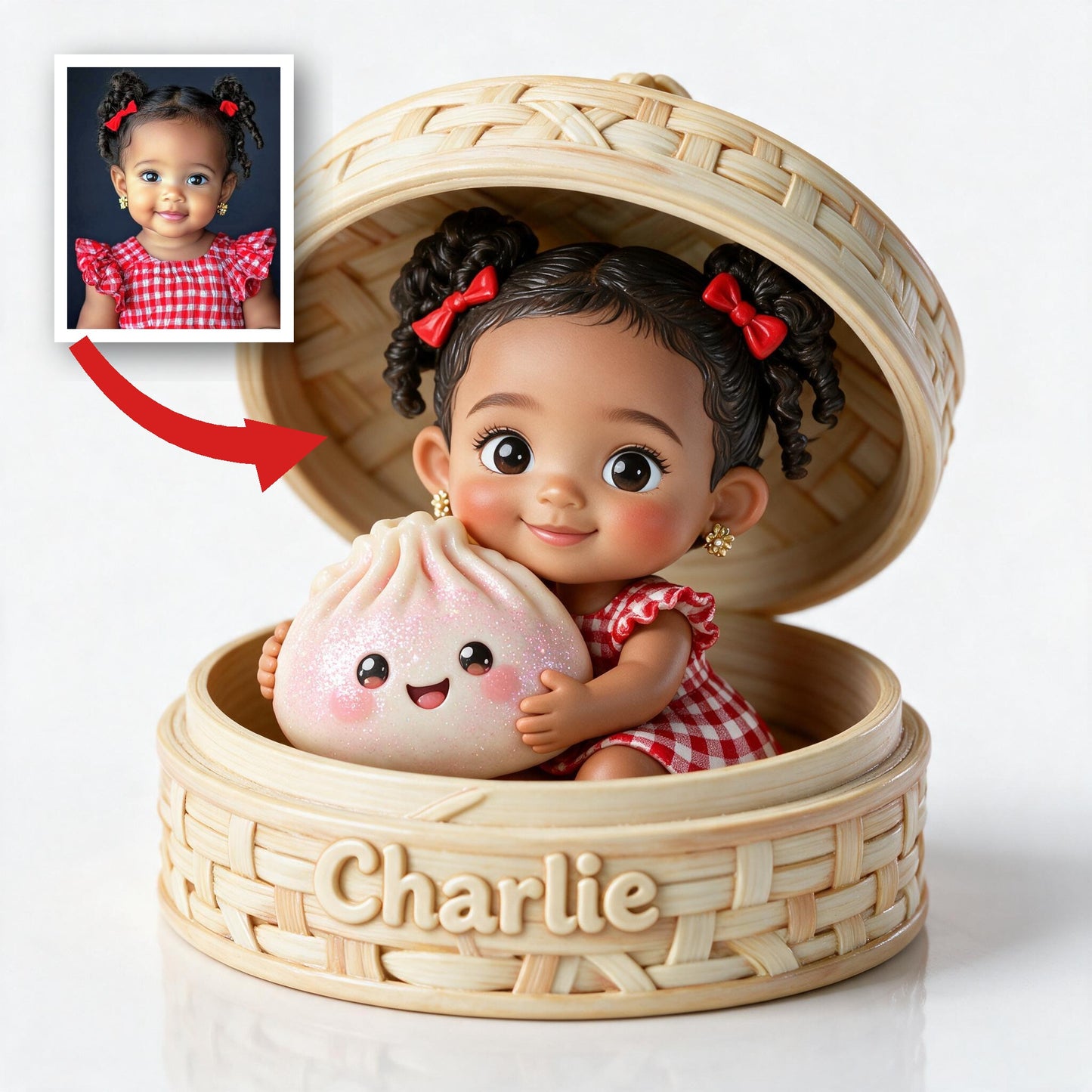 Cute Chibi Black Baby Girl Holding Kawaii Dumpling Personalized 2-Side Printed Acrylic Plaque Kids Gift Keepsake