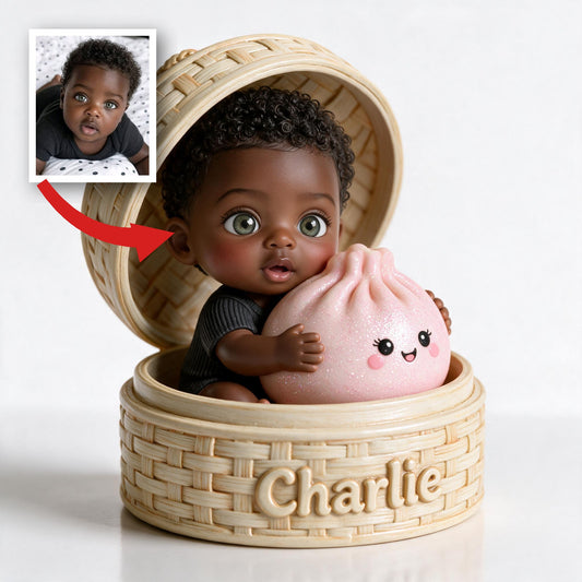 Niedliches schwarzes Baby mit lockigen Haaren und kawaii pinkem Knödel, personalisierte 2-seitige Acrylplakette, individuelles Kindergeschenk