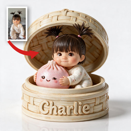 Niedliche Baby-Mädchen umarmt Kawaii-Dumpling im Bambusdampfer, personalisierte doppelseitige Acrylplakette, individuelles Kindergeschenk
