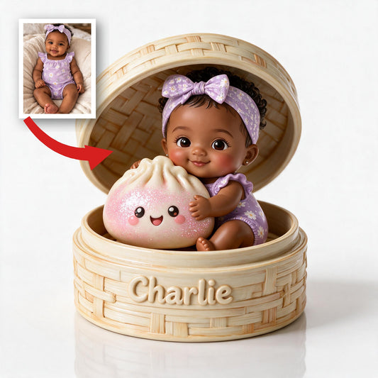 Niedliche personalisierte schwarze Babyfigur im Bambusdampfer mit süßem Knödel, doppelseitige Acrylplakette