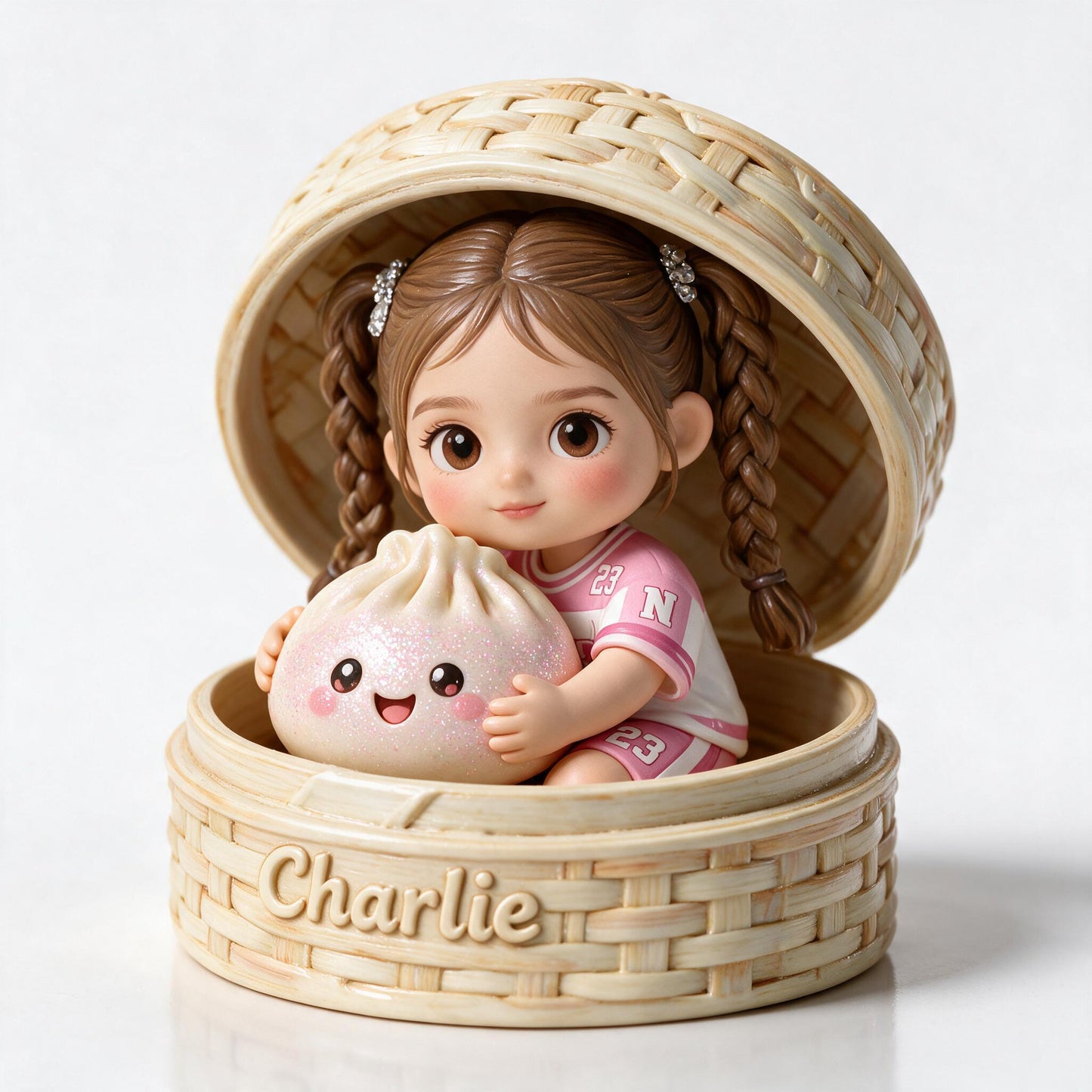 Cute Chibi Kid Girl Hugging Kawaii Dumpling Personalized Double-Sided Acrylic Plaque Custom Kids Keepsake Gift