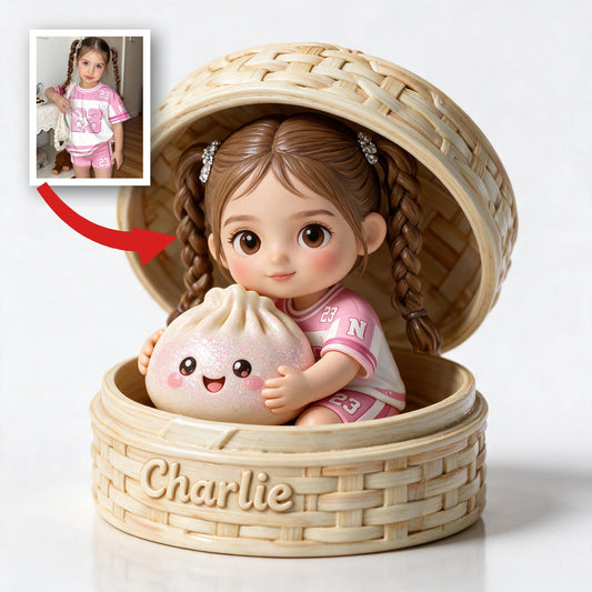 Niedliche Chibi-Mädchenfigur umarmt Kawaii-Dumpling - Personalisierte doppelseitige Acrylplakette