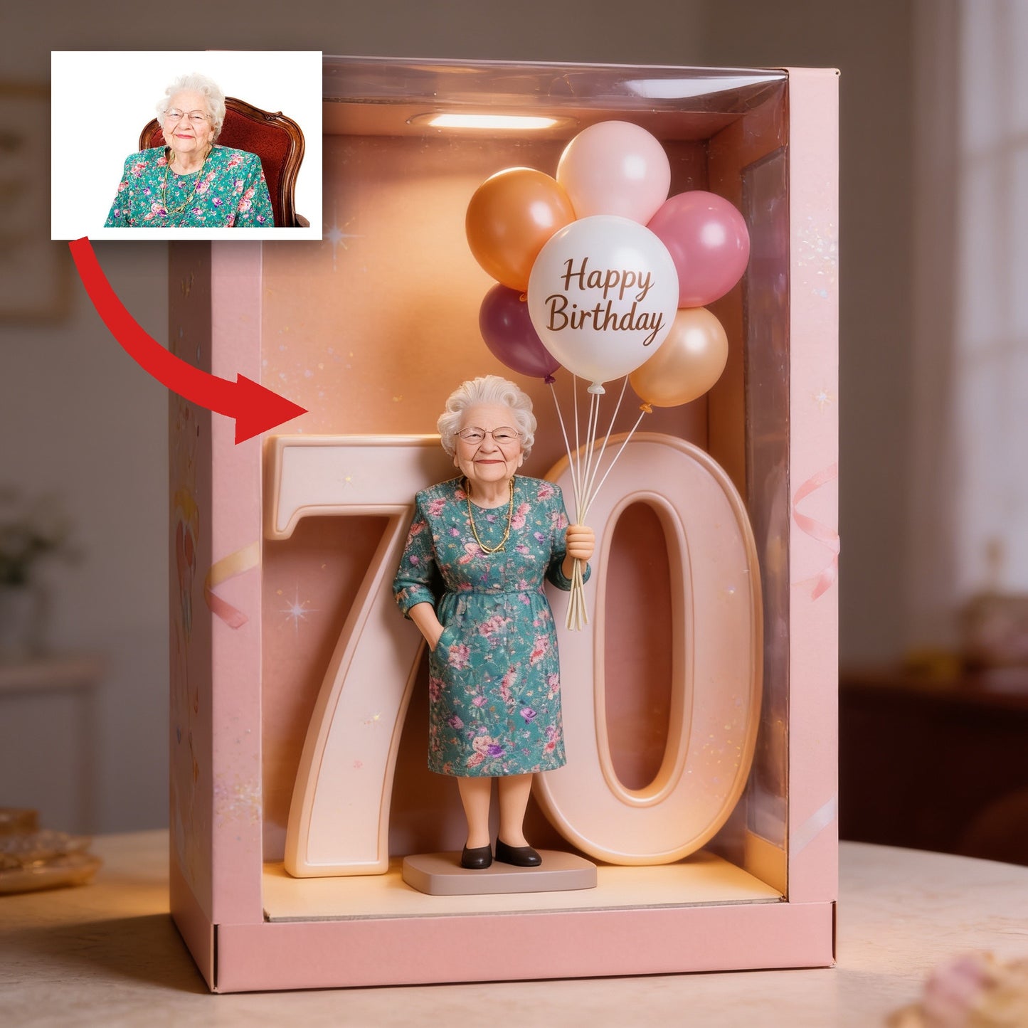 Personalized 70th Birthday Custom Shaped Acrylic Plaque, Elderly Grandma with Balloons Milestone Gift for Senior Loved Ones
