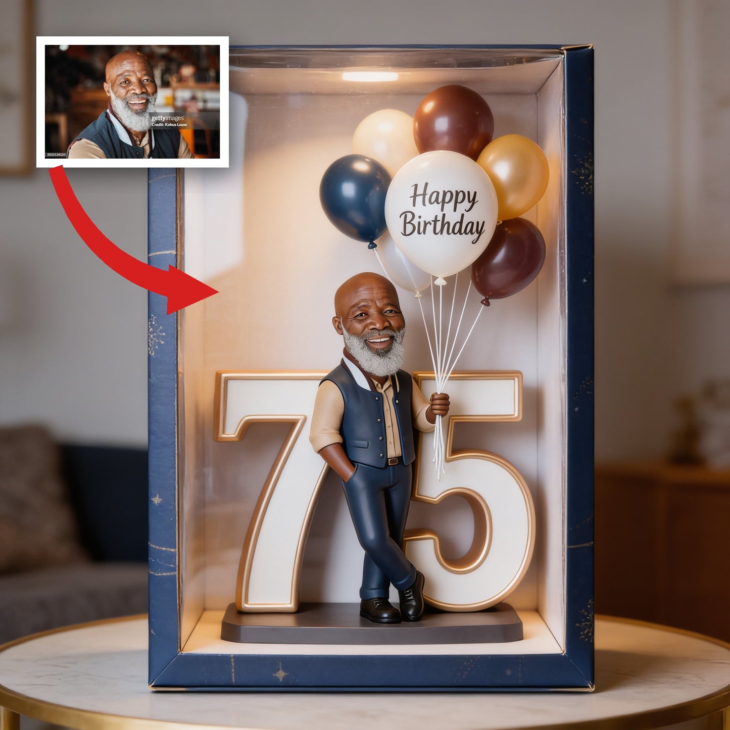 Personalized Smiling Elderly Man Milestone Birthday Acrylic Plaque with Balloons - Unique Custom 75th Birthday Gift for Dad or Grandpa