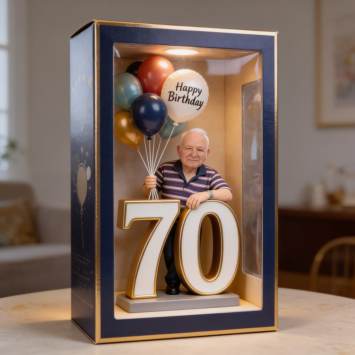 Personalized 70th Birthday Custom Shaped Acrylic Plaque, Elderly Senior Man with Balloons Milestone Keepsake Gift for Dad Grandad