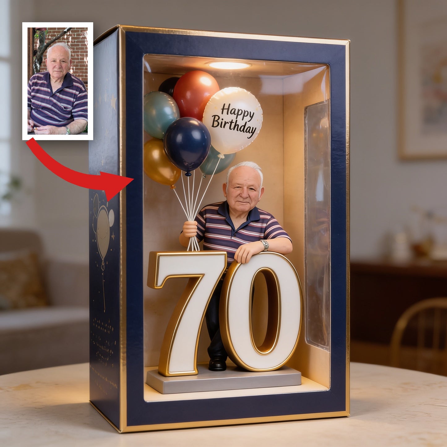 Personalized 70th Birthday Custom Shaped Acrylic Plaque, Elderly Senior Man with Balloons Milestone Keepsake Gift for Dad Grandad